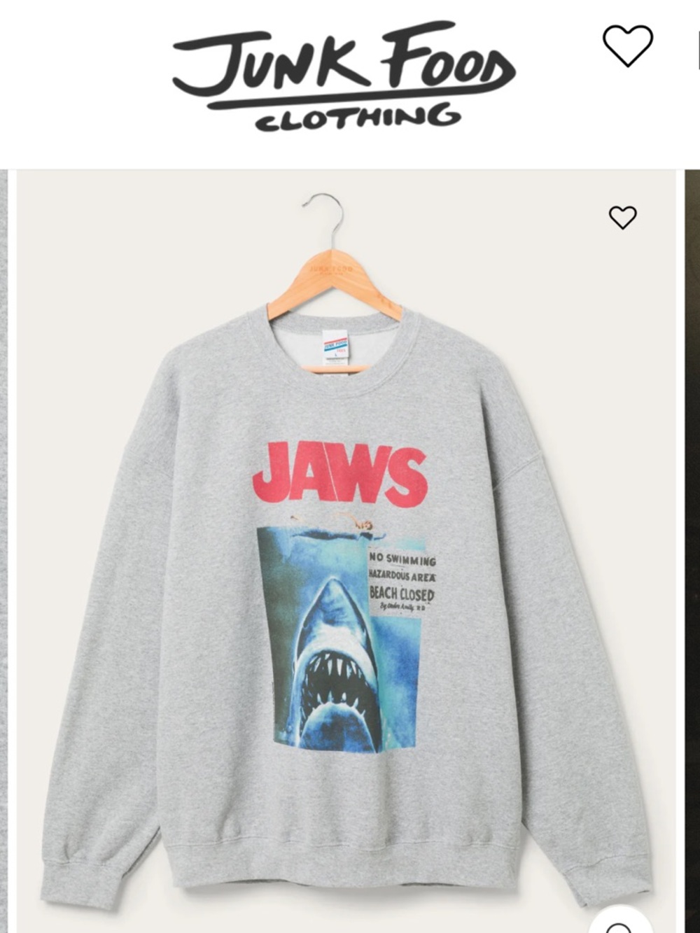 Junk Food Clothing JAWS Crewneck Sweatshirt - Gray with Red & Blue Graphic